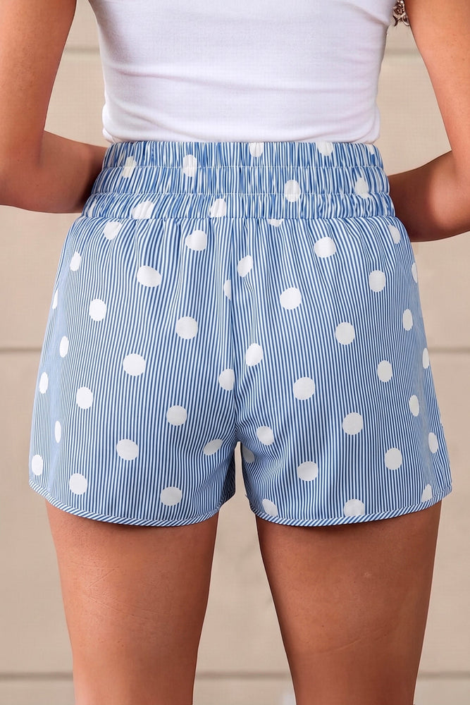Sky Blue Polka Dot Print Shirred High Waist Casual Shorts Dear lover