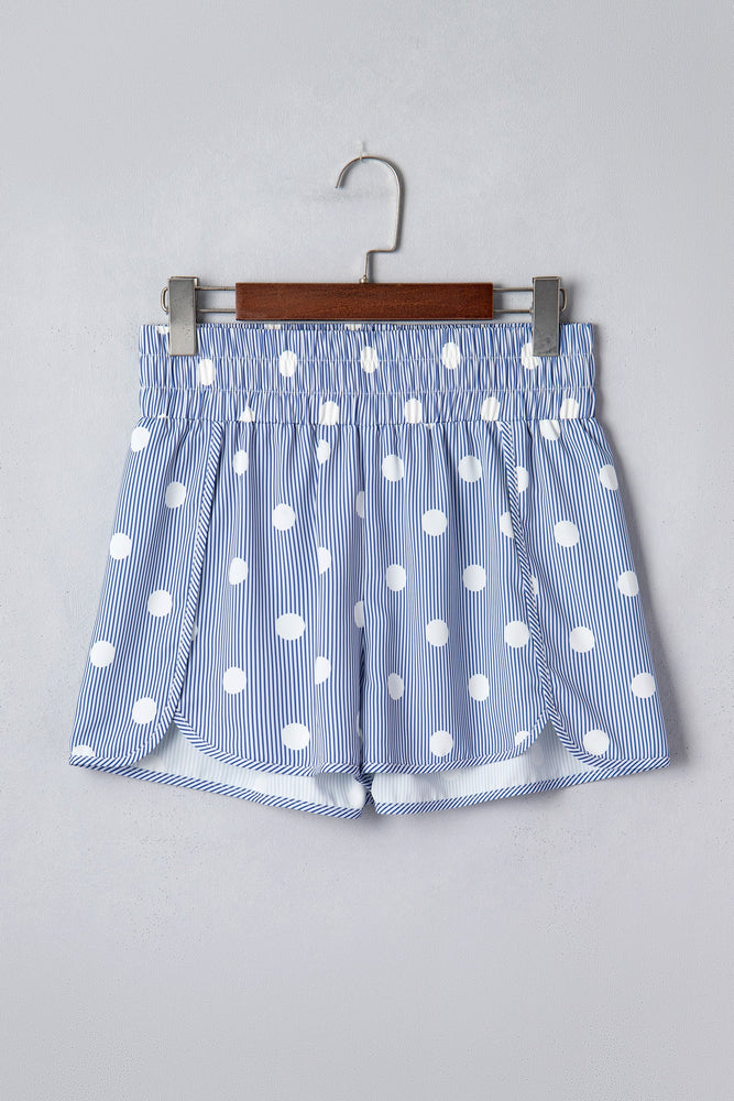 Sky Blue Polka Dot Print Shirred High Waist Casual Shorts Dear lover