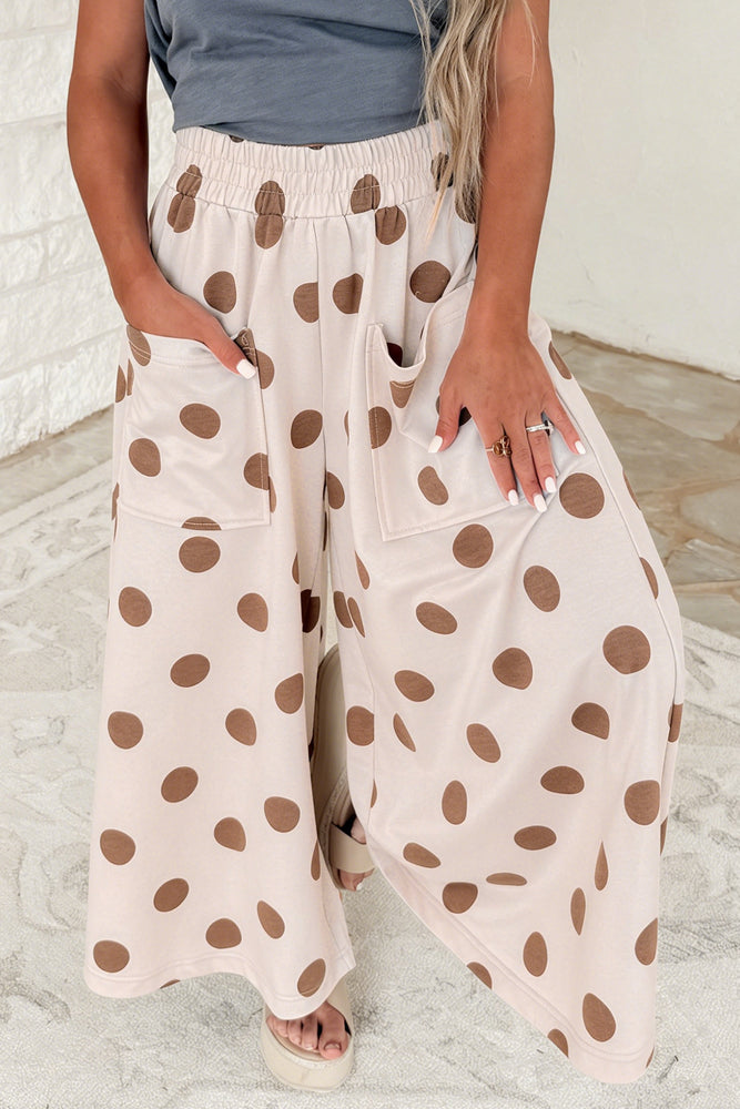 Khaki Polka Dot Wide Leg Elastic Waist Pants