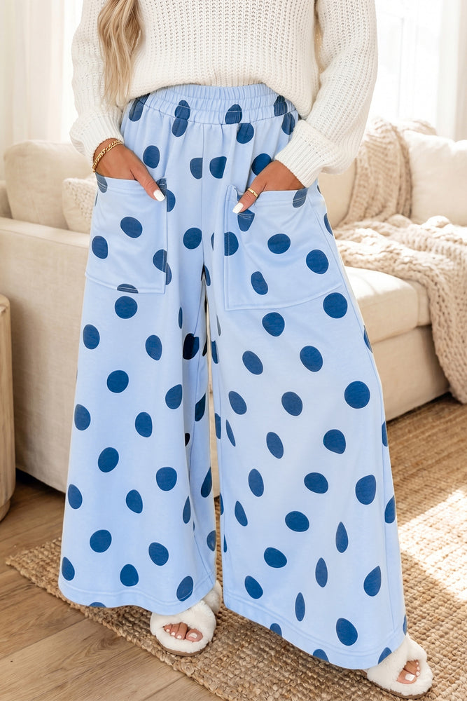 Sky Blue Polka Dot Wide Leg Elastic Waist Pants