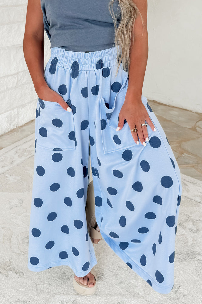 Sky Blue Polka Dot Wide Leg Elastic Waist Pants