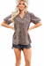 Brown leopard tie neck puff sleeve top on white background