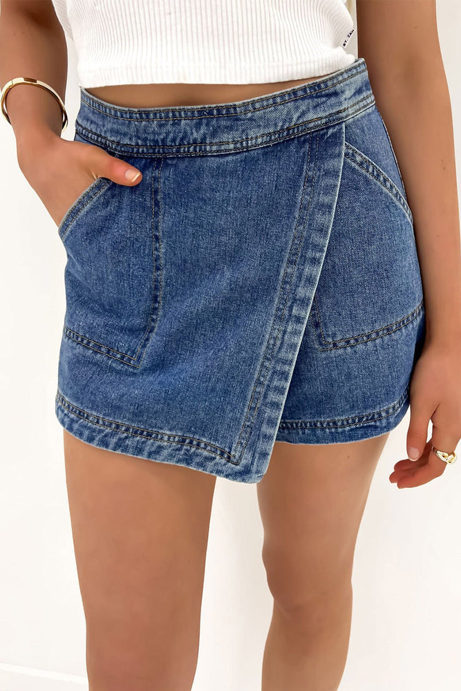 Ashleigh Blue Faux Wrapped Mini Denim Skort Dear lover
