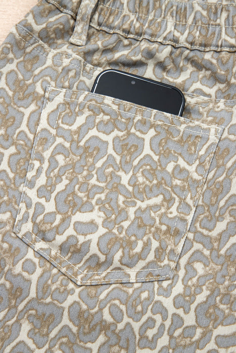 Khaki Raw Edge Leopard Print Denim Shorts Dear lover