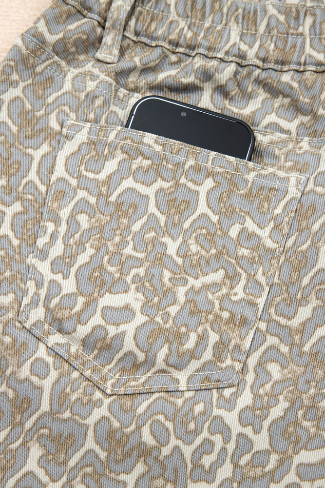 Khaki Raw Edge Leopard Print Denim Shorts Dear lover