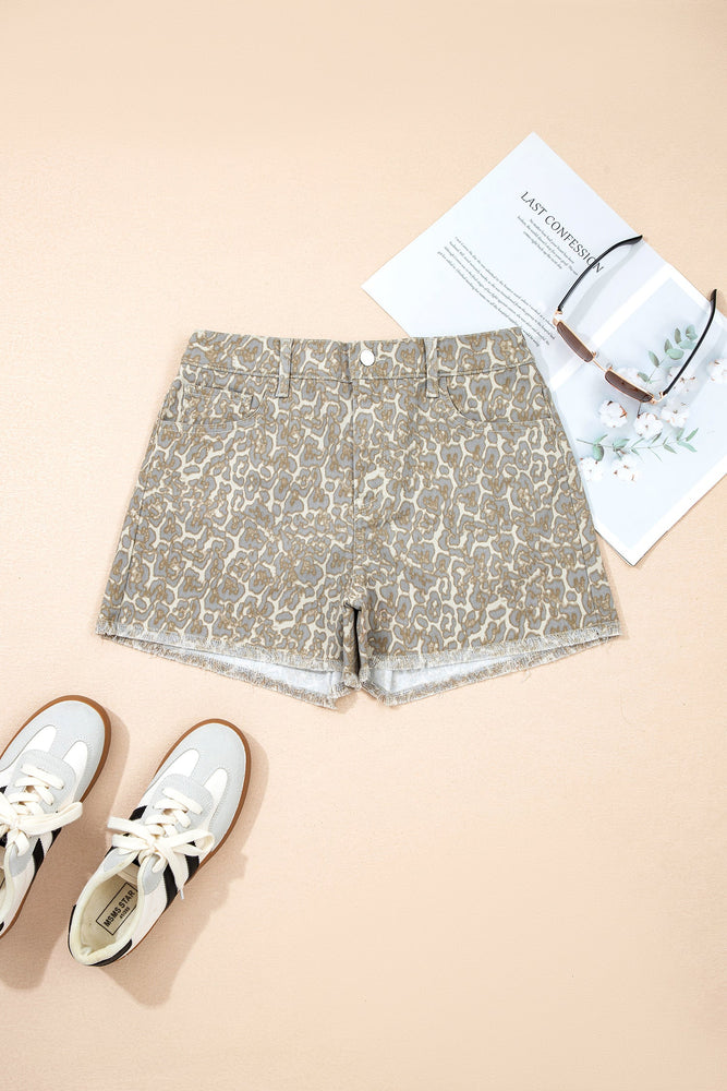 Khaki Raw Edge Leopard Print Denim Shorts Dear lover