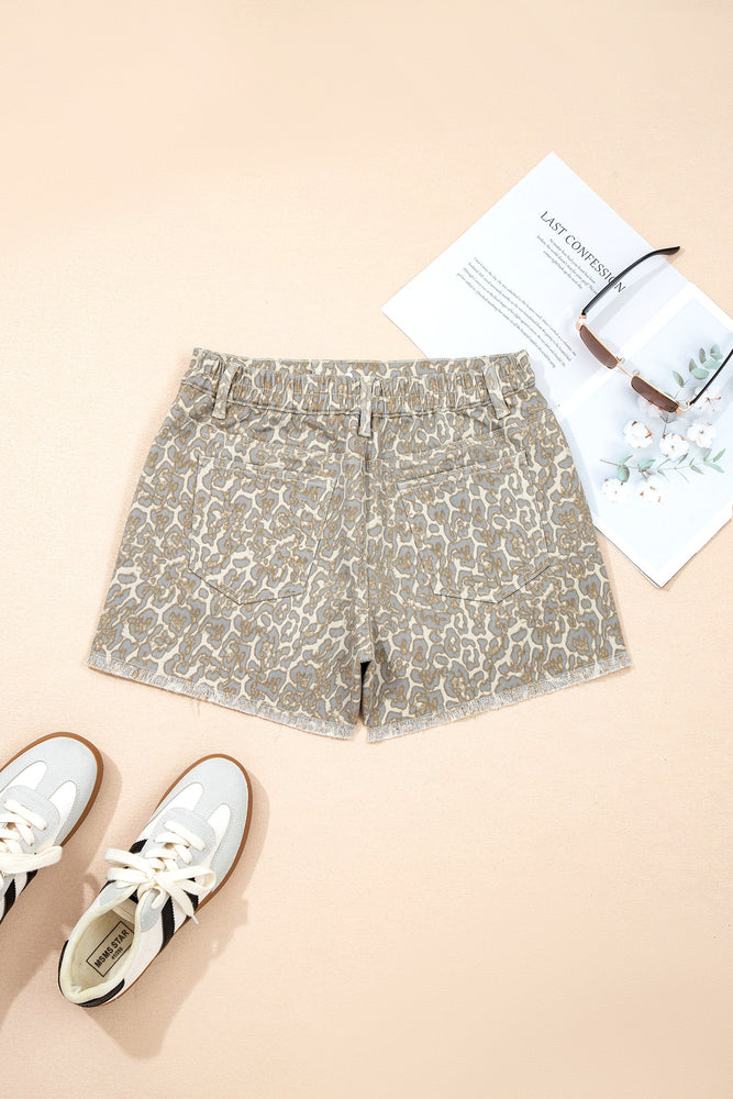 Khaki Raw Edge Leopard Print Denim Shorts Dear lover