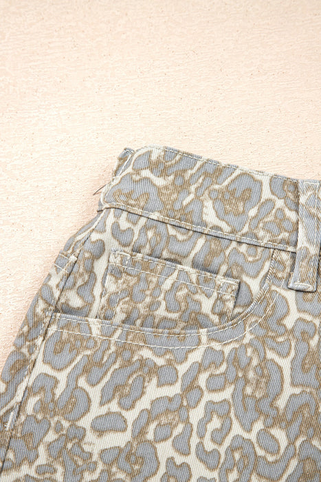 Khaki Raw Edge Leopard Print Denim Shorts Dear lover