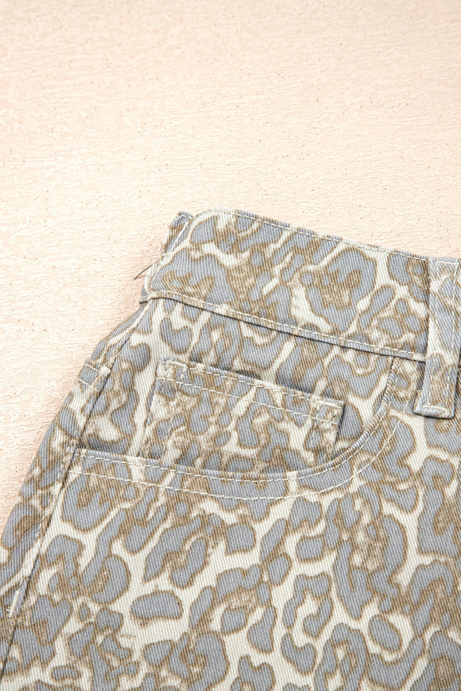 Khaki Raw Edge Leopard Print Denim Shorts Dear lover