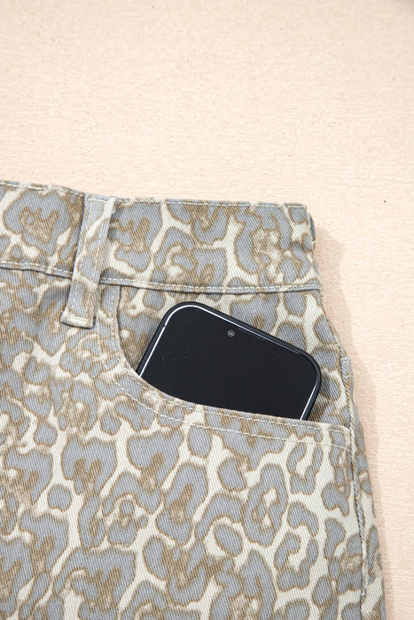 Khaki Raw Edge Leopard Print Denim Shorts Dear lover
