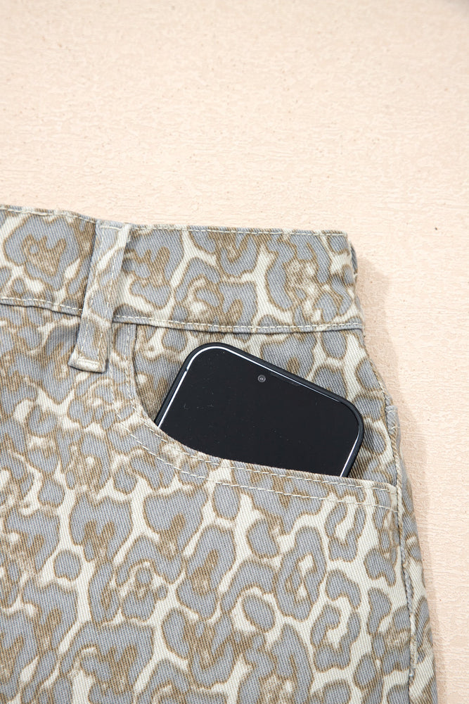 Khaki Raw Edge Leopard Print Denim Shorts Dear lover