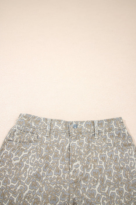 Khaki Raw Edge Leopard Print Denim Shorts Dear lover