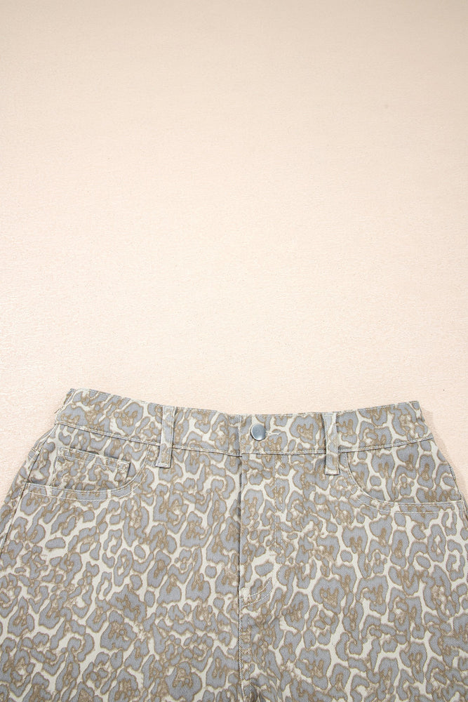 Khaki Raw Edge Leopard Print Denim Shorts Dear lover