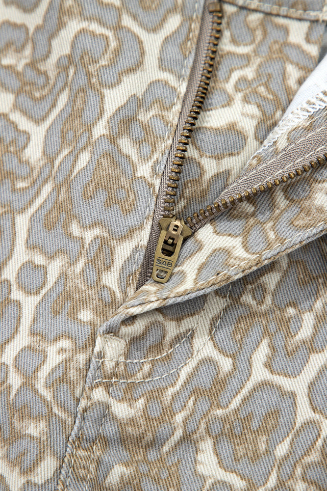 Khaki Raw Edge Leopard Print Denim Shorts Dear lover
