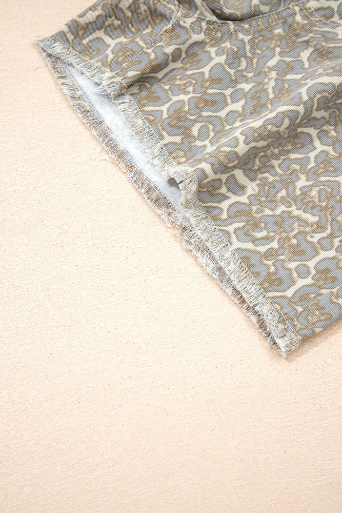 Khaki Raw Edge Leopard Print Denim Shorts Dear lover