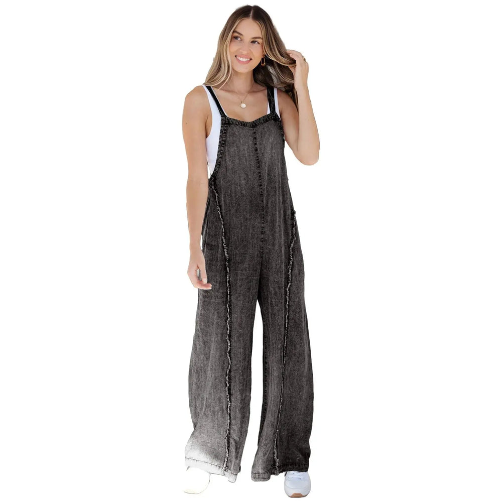Dark Grey Light Wash Frayed Exposed Seam Wide Leg Denim Overall Dear lover