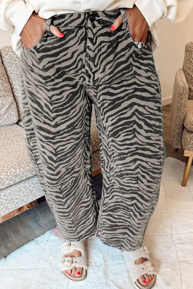 Gray zebra stripe barrel jeans view 1