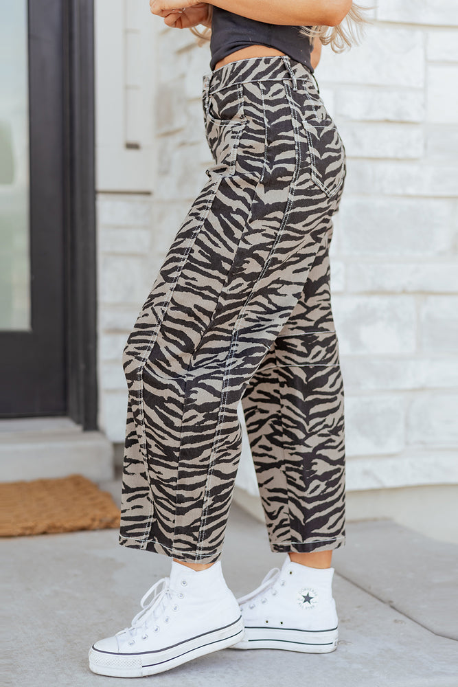 Gray zebra stripe barrel jeans view 24