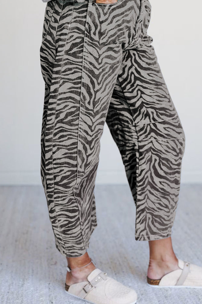 Gray zebra stripe barrel jeans view 2