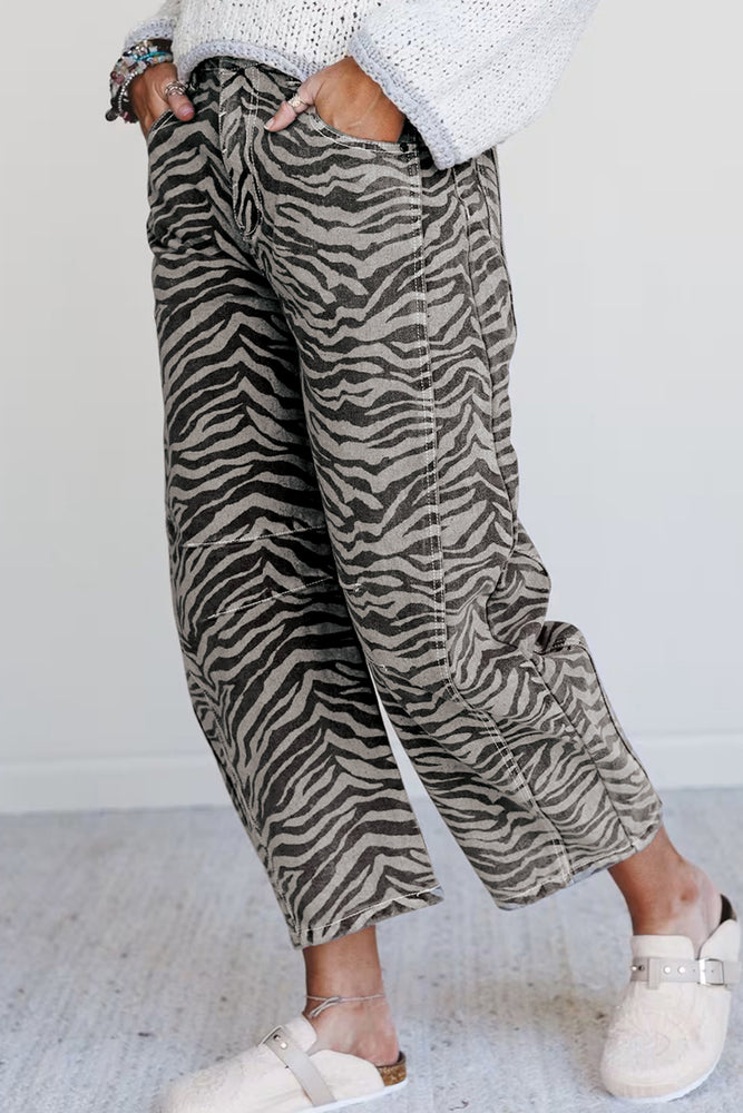 Gray zebra stripe barrel jeans view 3
