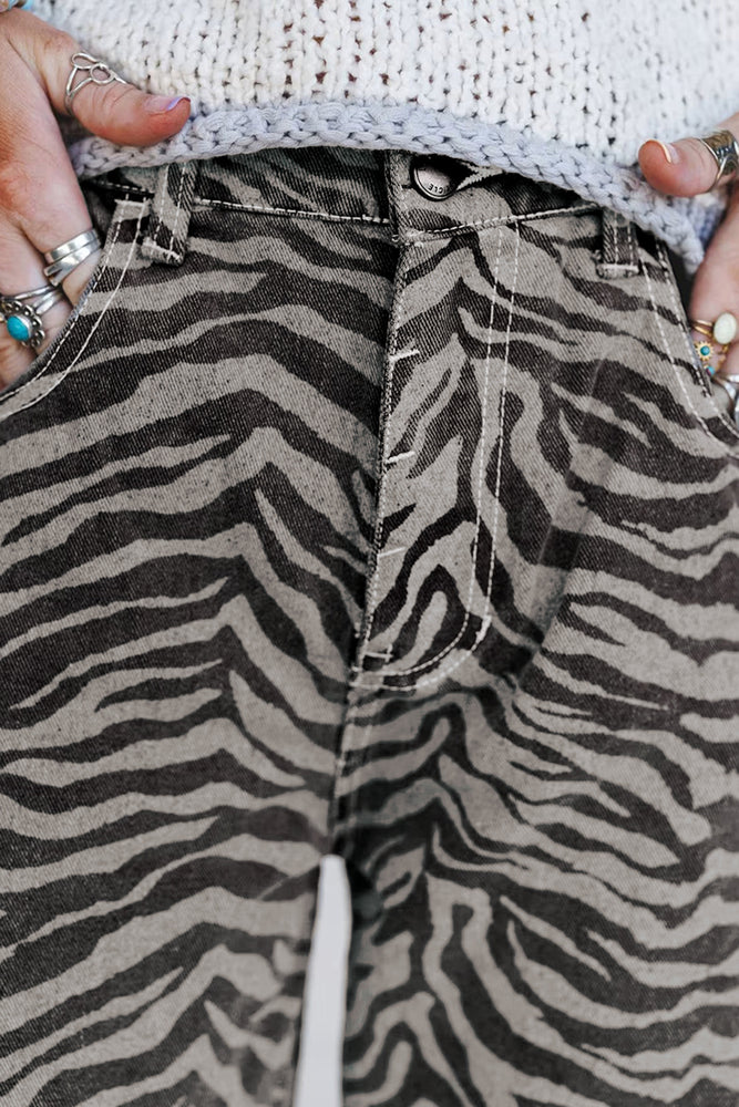 Gray zebra stripe barrel jeans view 4