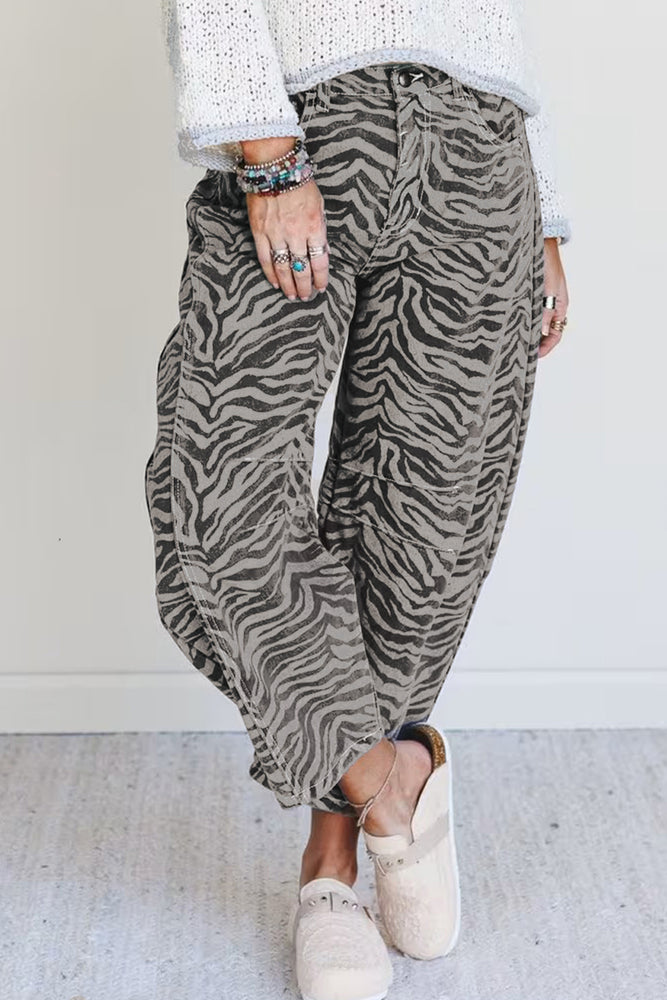 Gray zebra stripe barrel jeans view 5