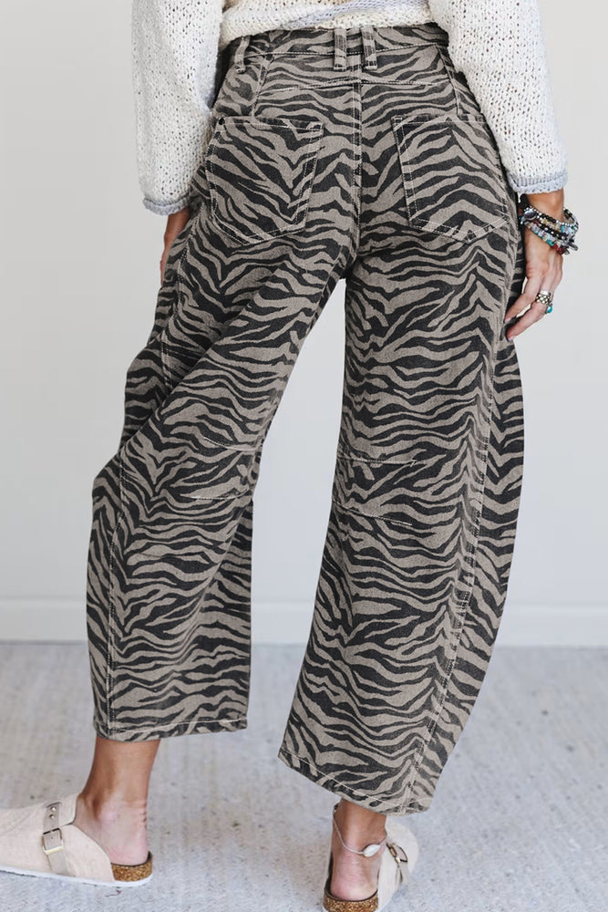 Gray zebra stripe barrel jeans view 6
