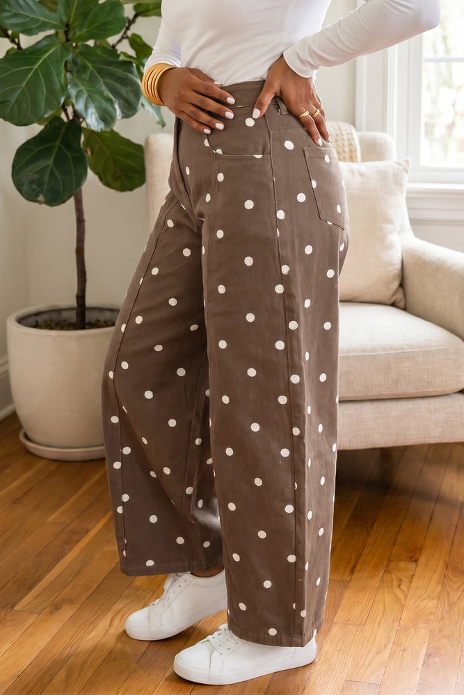 Brown polka dot barrel jeans view 6