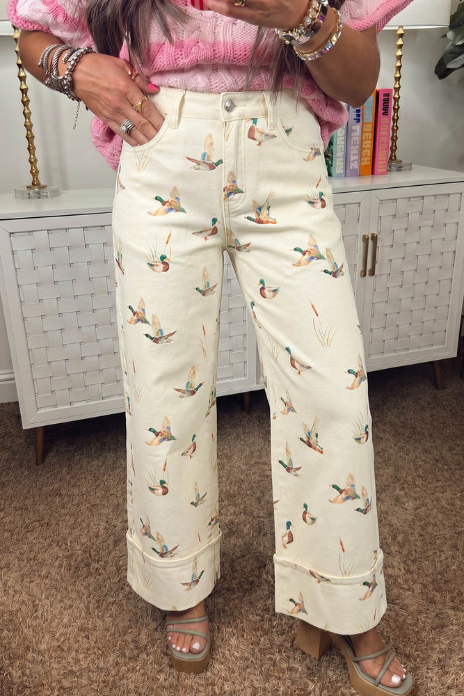 Beige mallard print cuffed jeans view 1