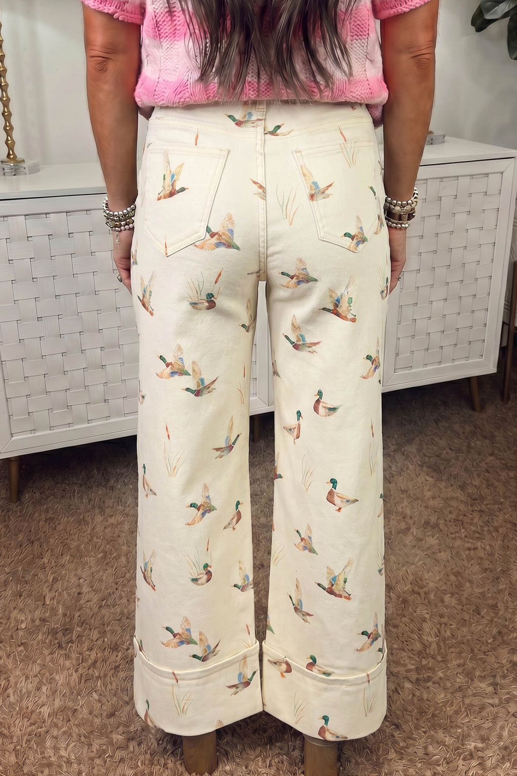 Beige Mallard Print Cuffed Hem Jeans