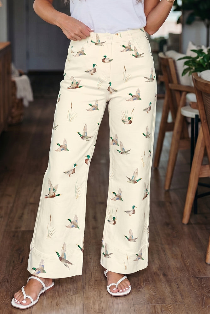 Beige mallard print cuffed jeans view 3