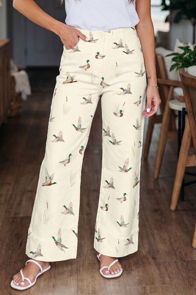 Beige mallard print cuffed jeans view 4