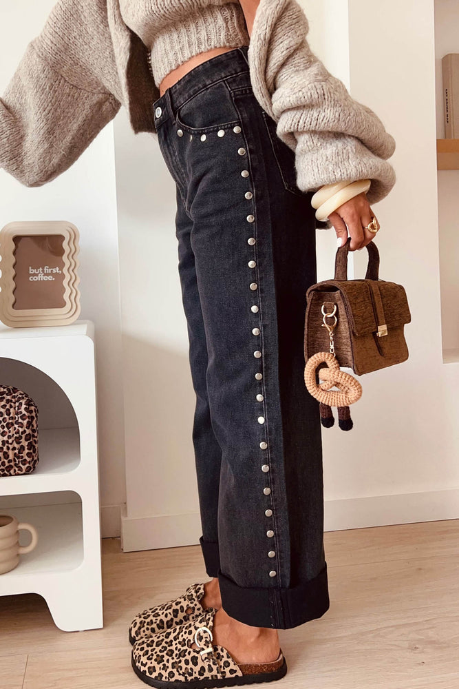 Black Studded Detail Straight Leg Loose Jeans