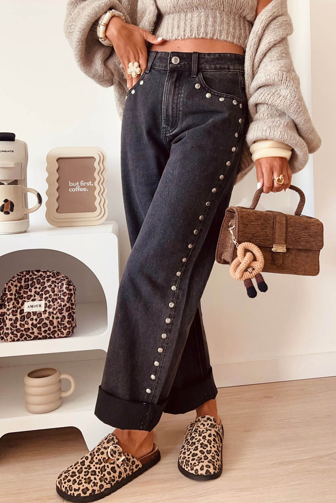 Black Studded Detail Straight Leg Loose Jeans