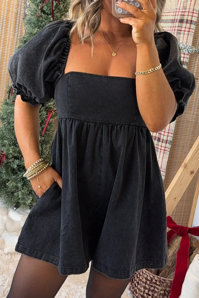 Black Denim Square Neck Smocked Short Puff Sleeve Flared Romper Dear lover
