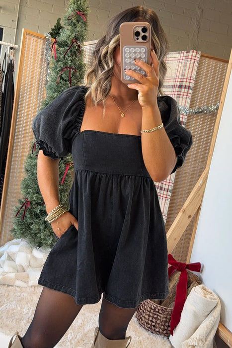 Black Denim Square Neck Smocked Short Puff Sleeve Flared Romper Dear lover