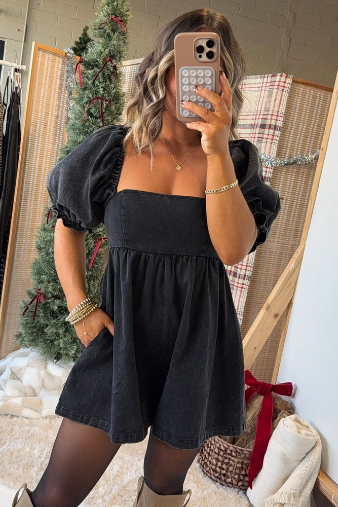 Black Denim Square Neck Smocked Short Puff Sleeve Flared Romper Dear lover