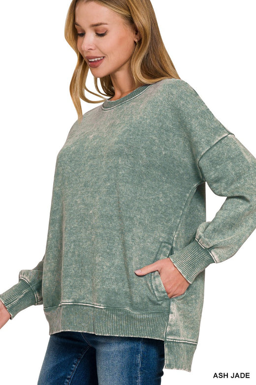 Acid Wash Fleece Hi-Low Hem Pullover