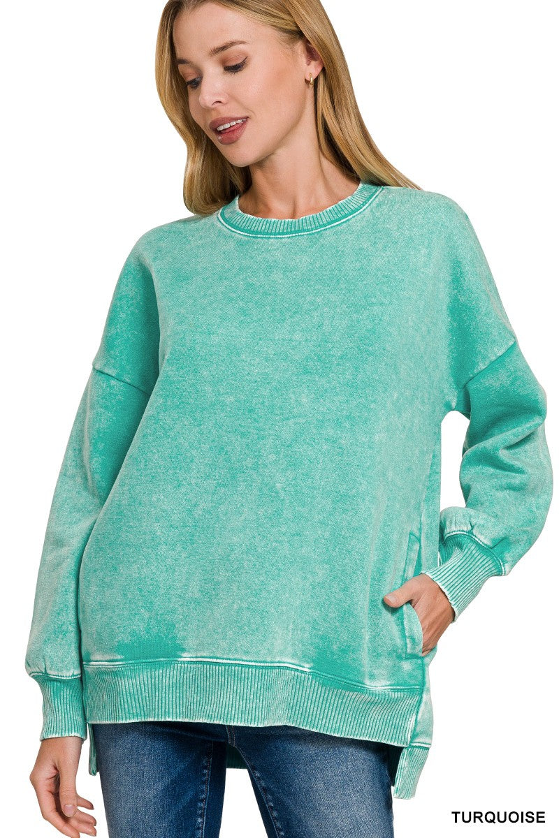 Acid Wash Fleece Hi-Low Hem Pullover