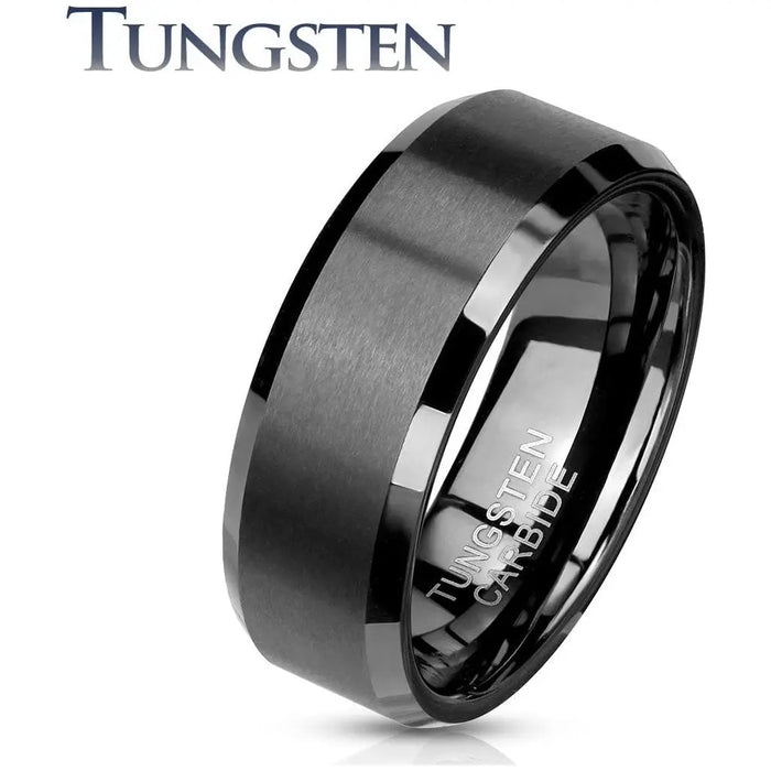 Brushed Center Gun Metal Beveled Edges Tungsten Carbide Rings hollywoodbodyjewelry