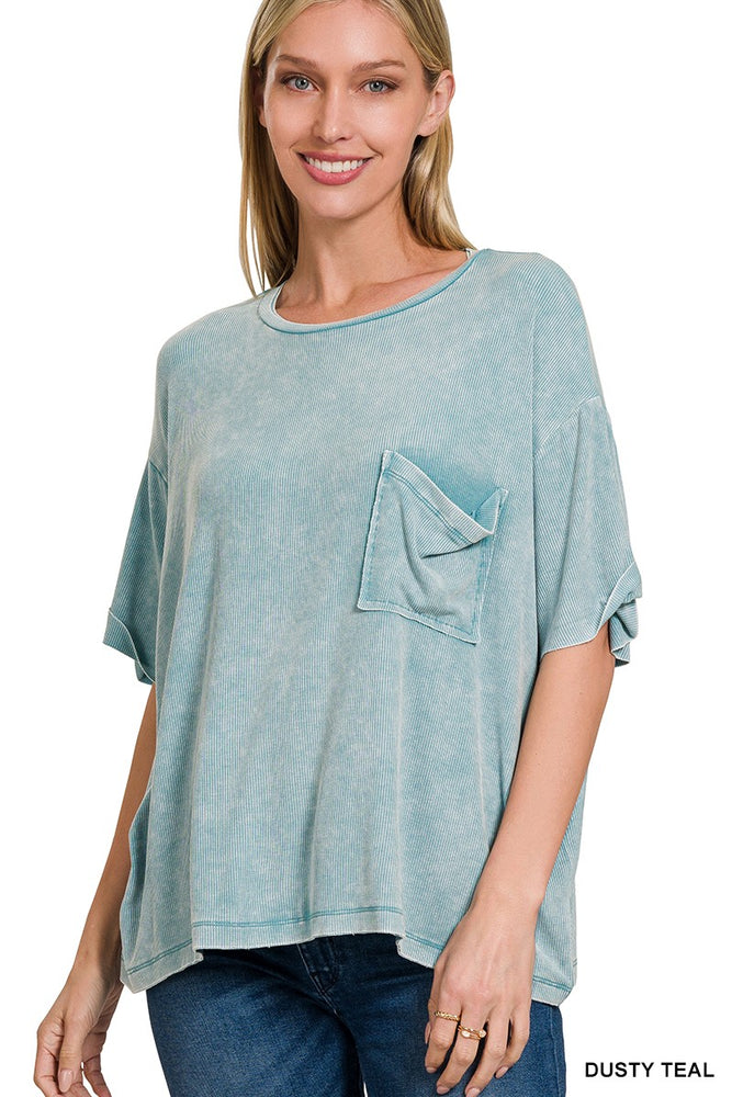 Washed Ribbed Cuffed Short Sleeve Round Neck Top — Dusty Teal