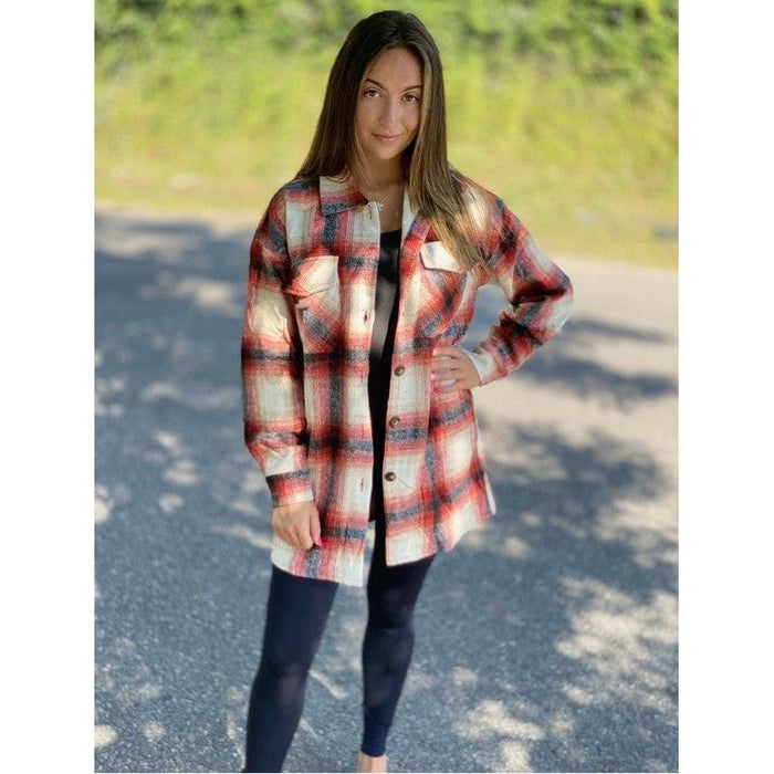 Red Button Down Plaid Heavy Pull Over Shacket