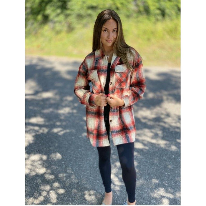 Red Button Down Plaid Heavy Pull Over Shacket