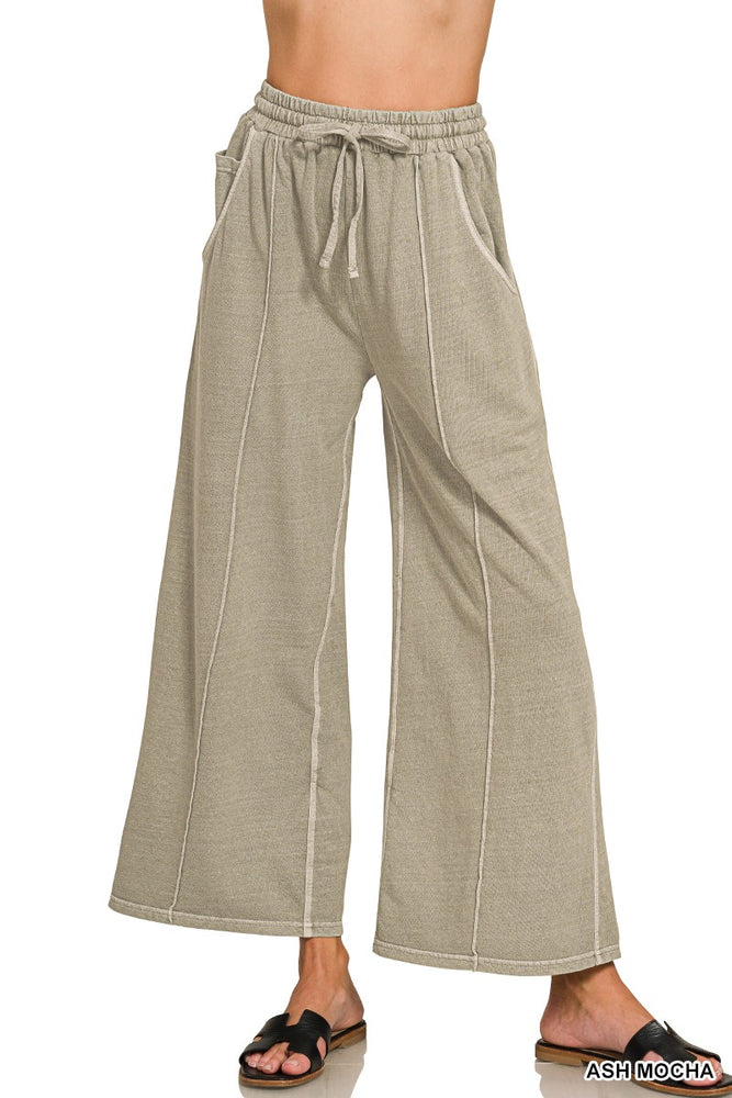 French Terry Wide Leg Washed Pintuck Pants — Ash Mocha