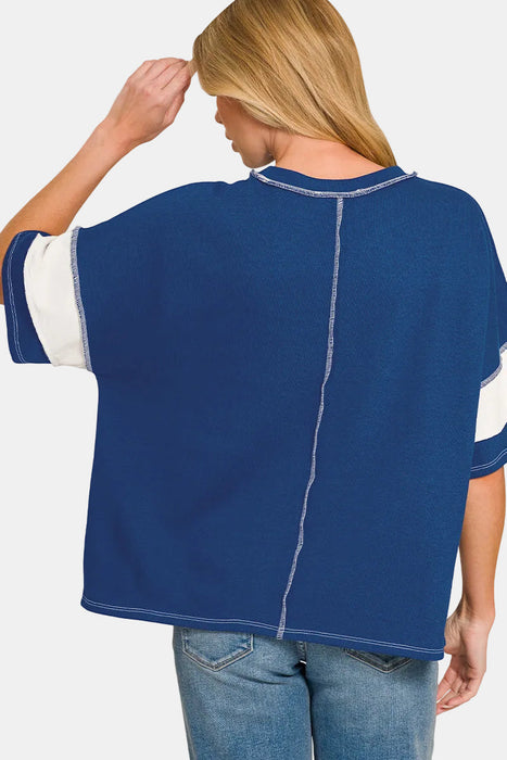 French Terry Striped Exposed Seam Top - Navy back view
