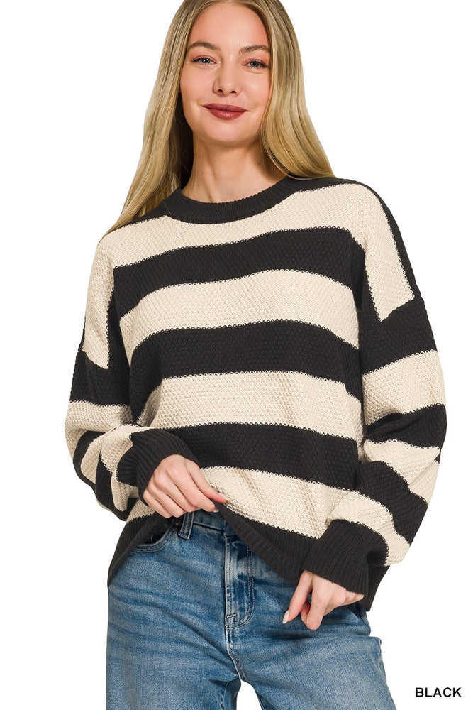 Striped Drop Shoulder Sweater — Black