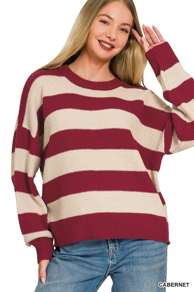 Striped Drop Shoulder Sweater — Cabernet