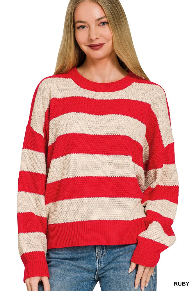 Striped Drop Shoulder Sweater — Ruby