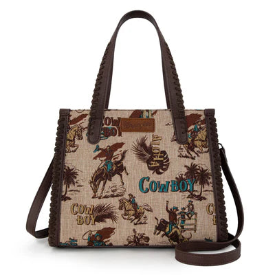 Wrangler Vintage Retro Cowboy Cool Print Concealed Carry Satchel/Crossbody -Tan