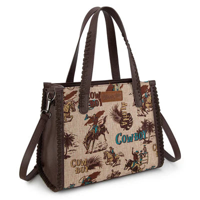 Wrangler Vintage Retro Cowboy Cool Print Concealed Carry Satchel/Crossbody -Tan